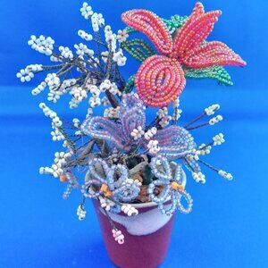 vintage handmade beaded flowers in ceramic pot small arrangement 5'' tall